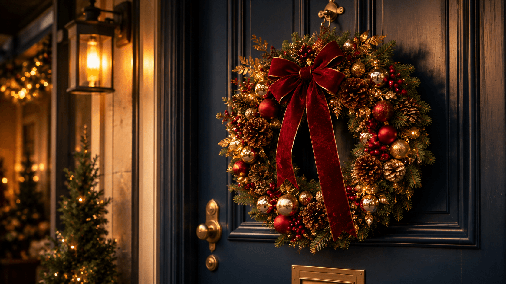 Guirlanda de Natal clássica com base dourada, laço de veludo vermelho, bolinhas douradas e pinhas
