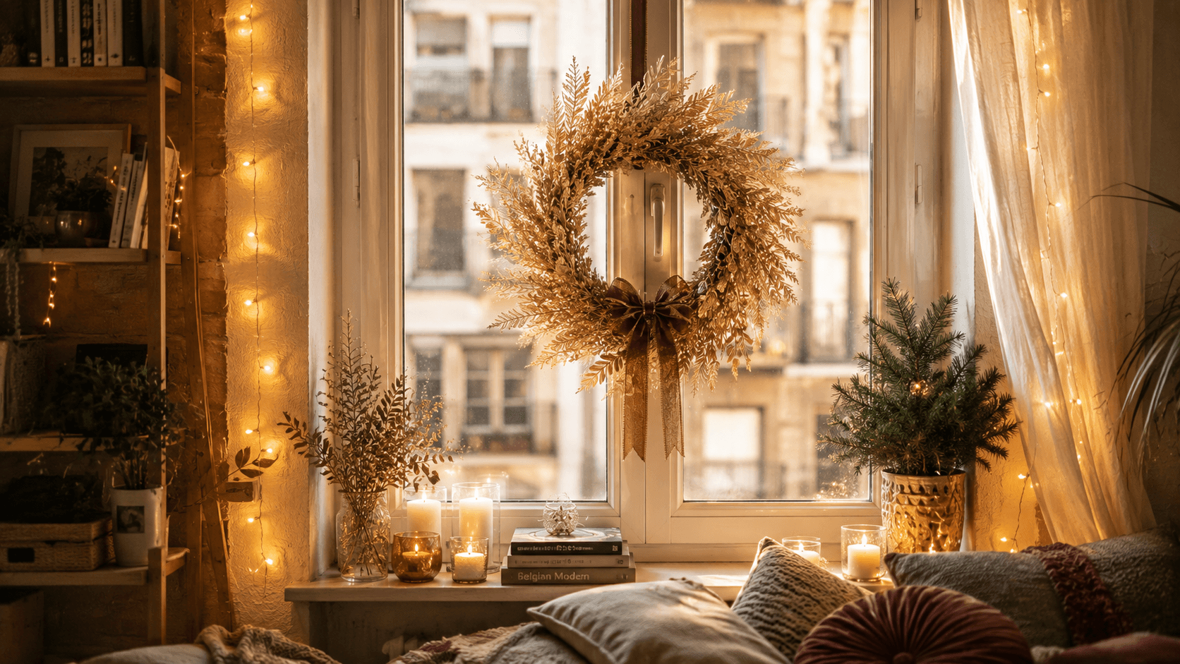 Janela de apartamento pequeno decorada com guirlanda dourada de galhos secos e luzes de LED aconchegantes