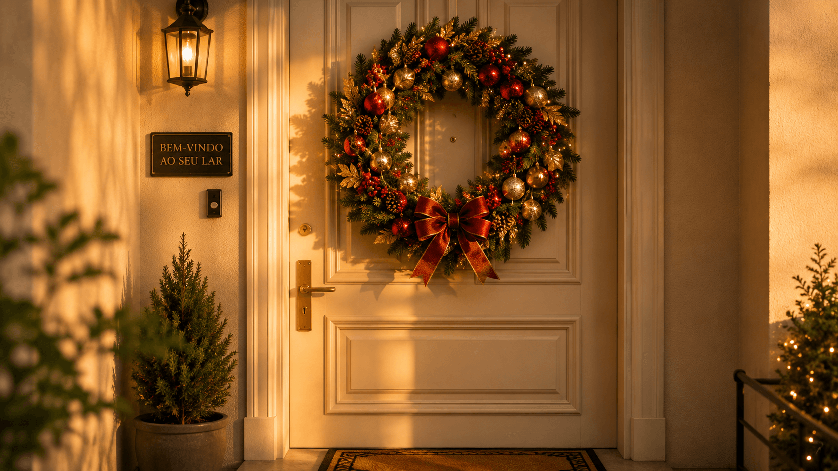 Guirlanda de Natal decorando porta de entrada