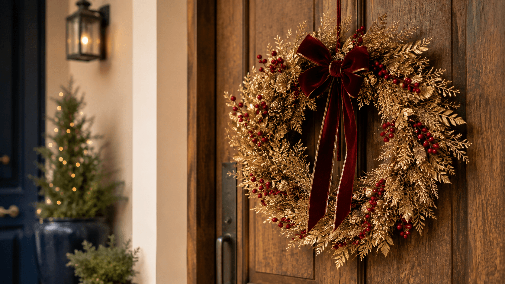 Guirlanda de Natal artesanal feita com galhos secos pintados de dourado, decorada com fitas vermelhas, frutinhas e pinhas, pendurada em porta de madeira rústica