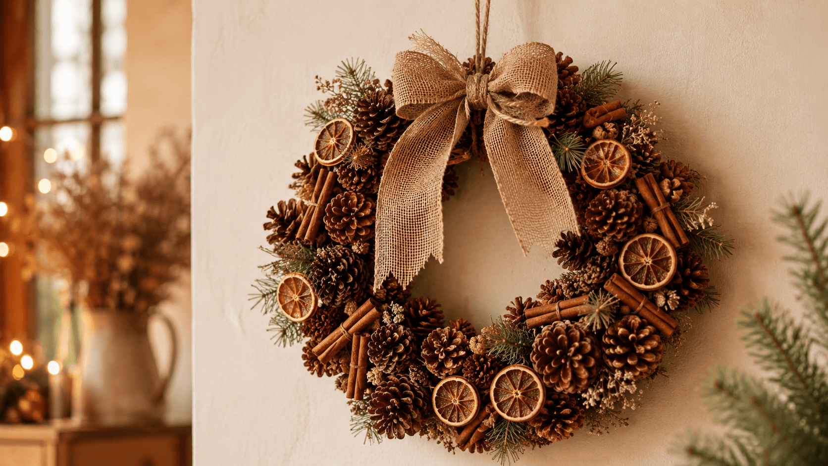 Guirlanda de Natal rústica com base dourada, pinhas naturais, fatias de laranja seca e fita de juta
