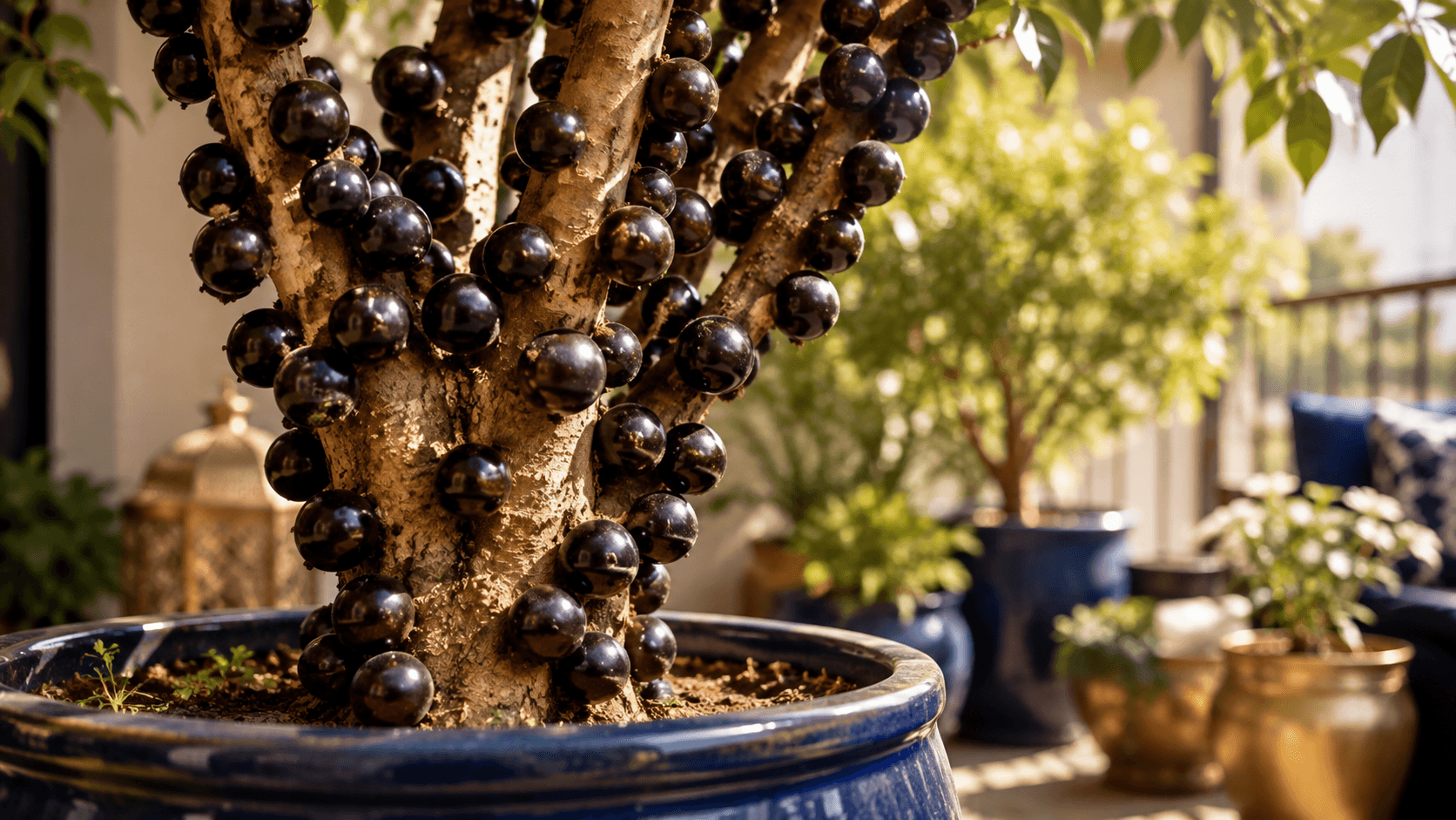 Jabuticabeira híbrida com frutos roxos crescendo no tronco em vaso grande