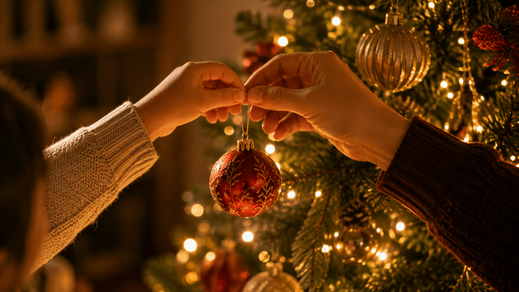Mãos de adulto e criança pendurando enfeite juntos na árvore de Natal