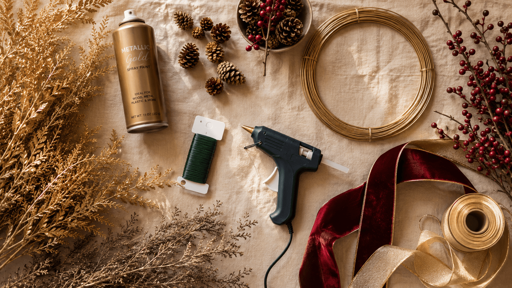Materiais para fazer guirlanda de Natal artesanal organizados sobre superfície champagne: galhos secos, tinta spray dourada, pinhas, frutinhas vermelhas, fita de veludo e cola quente