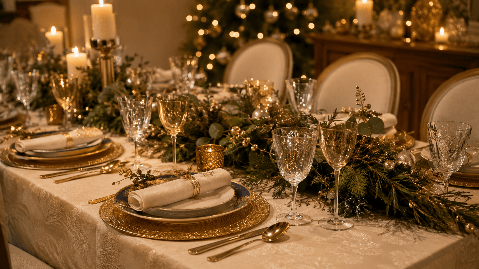 Mesa de Natal decorada com toalha champagne, sousplat dourado e arranjo natalino