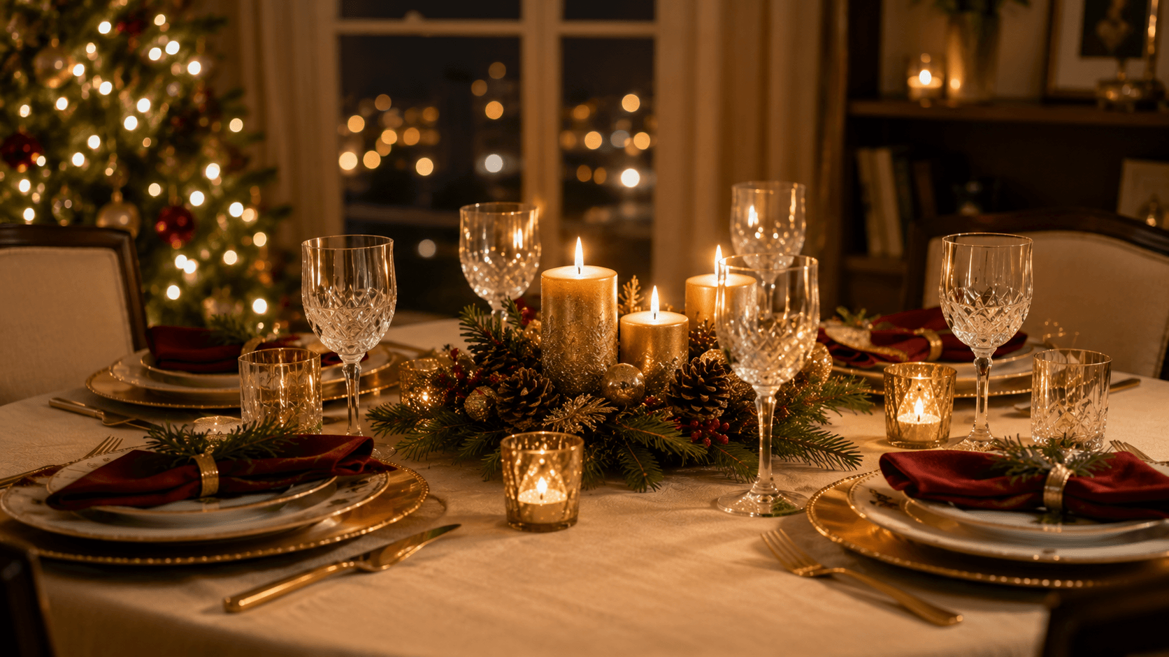 Mesa posta para a ceia de Natal com centro de mesa e velas