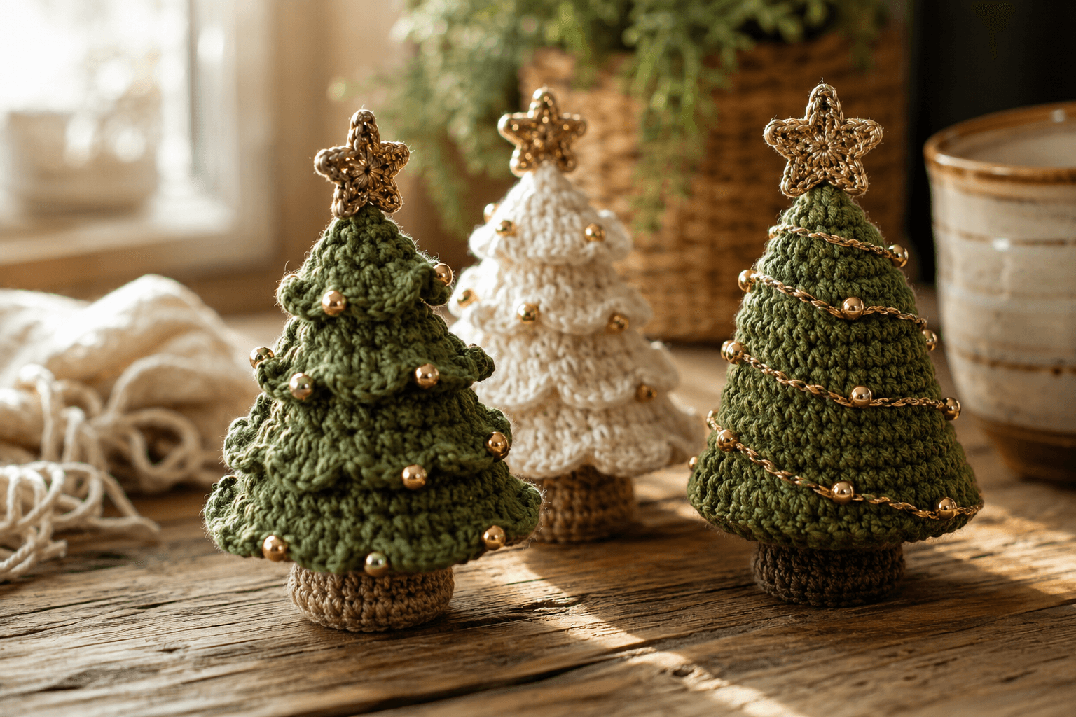 Mini árvores de Natal em crochê sobre mesa de madeira rústica