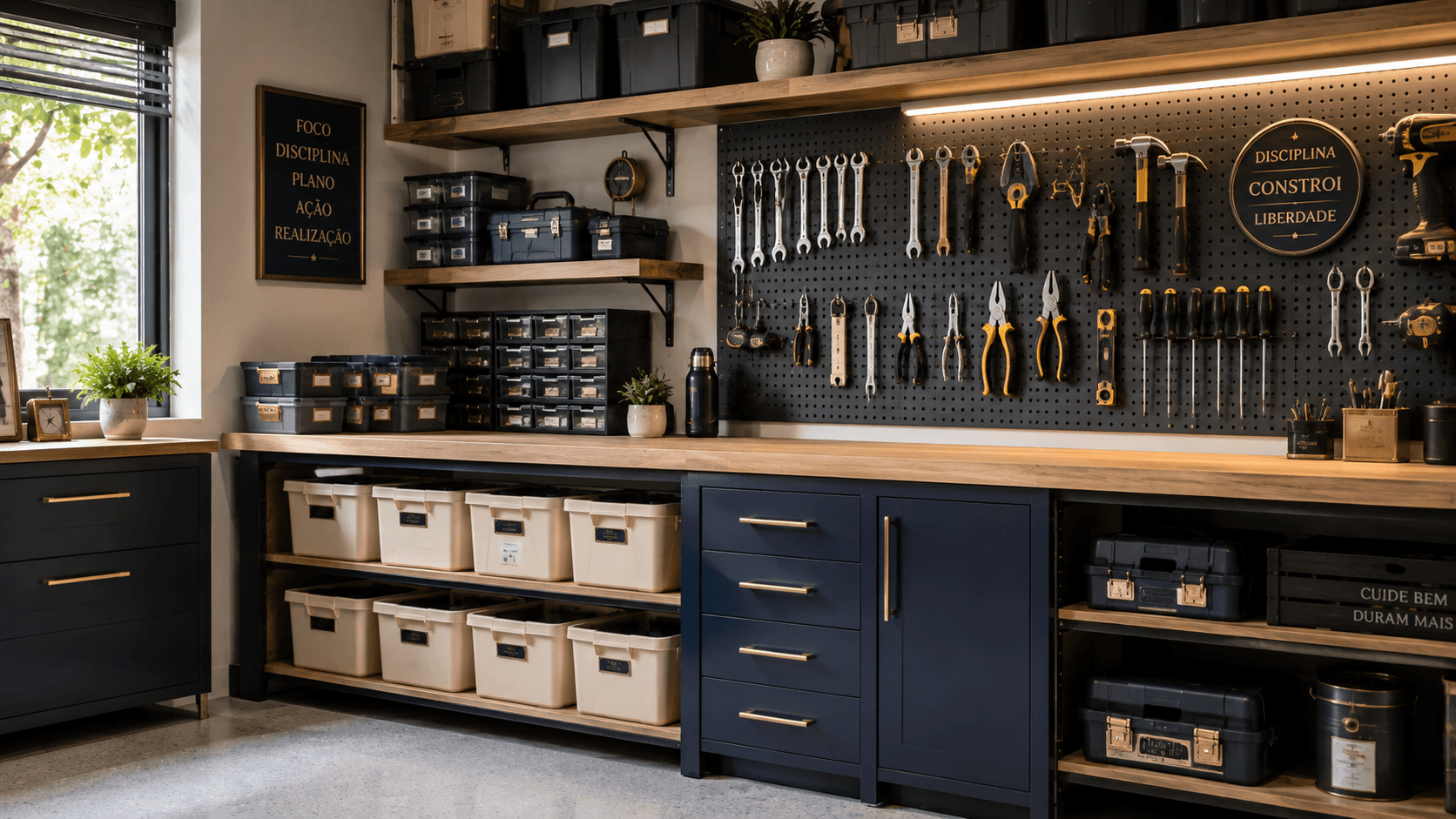 Oficina ou garagem organizada com painel de ferramentas