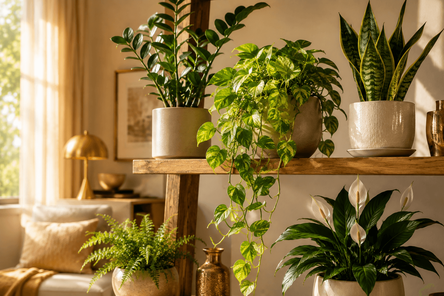 Prateleira aconchegante com plantas de interior fáceis de cuidar