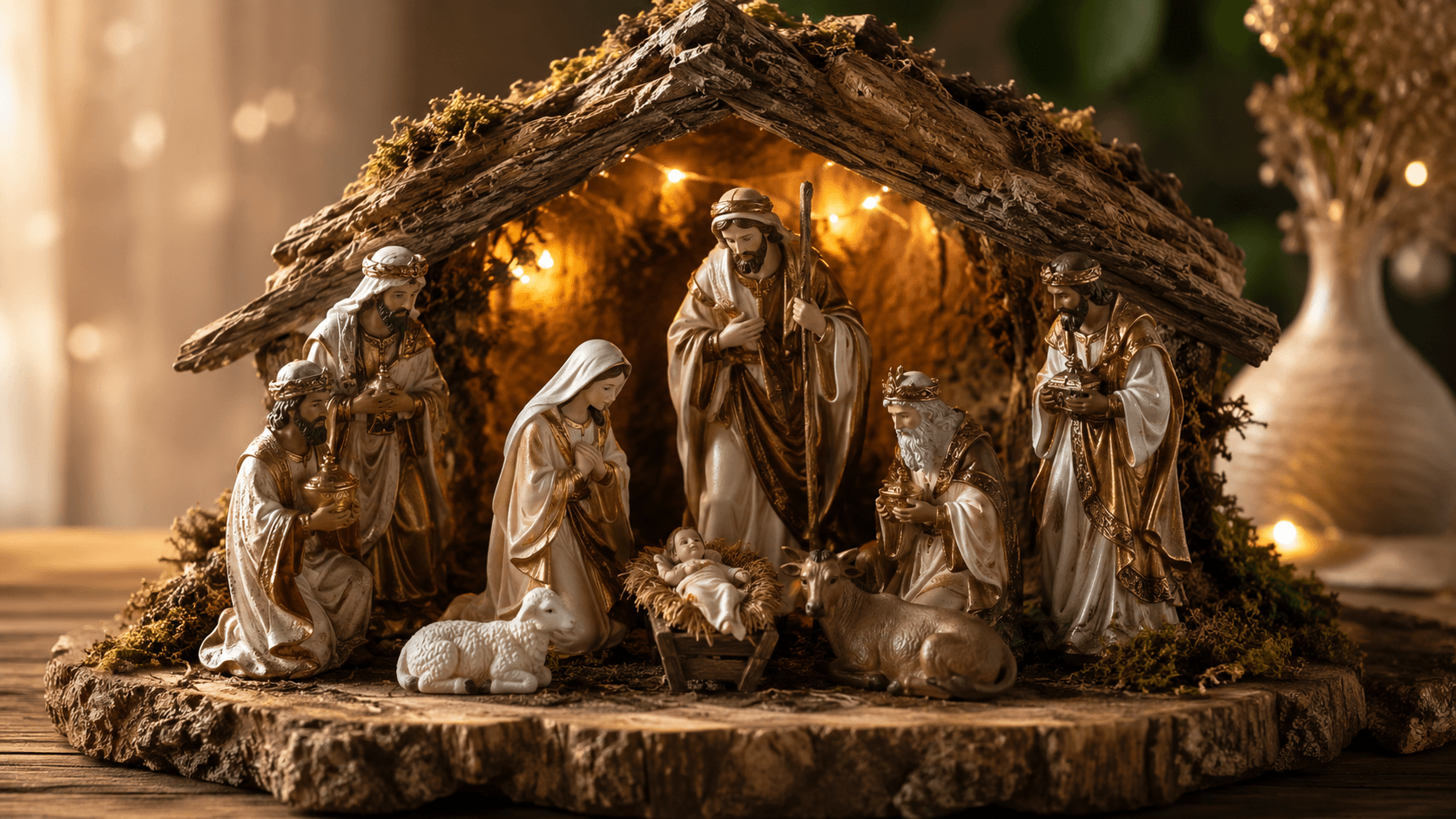 Presépio de Natal decorado com figuras em resina, musgo verde e luz dourada, estilo revista