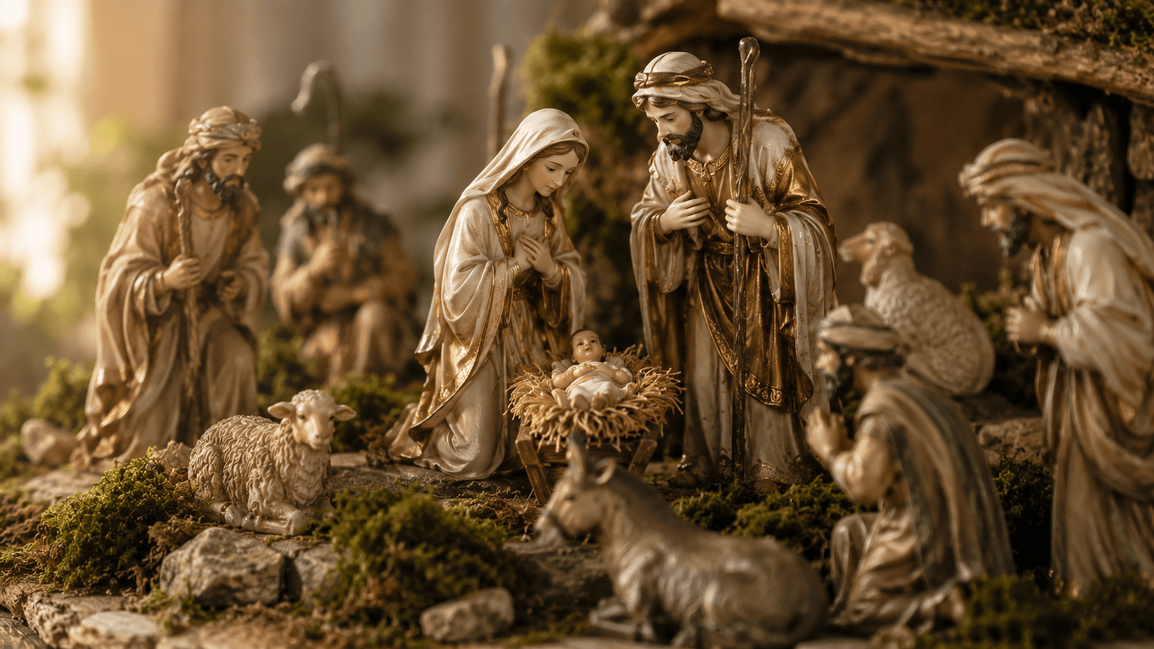 Figuras de presépio em resina organizadas em camadas de profundidade sobre musgo