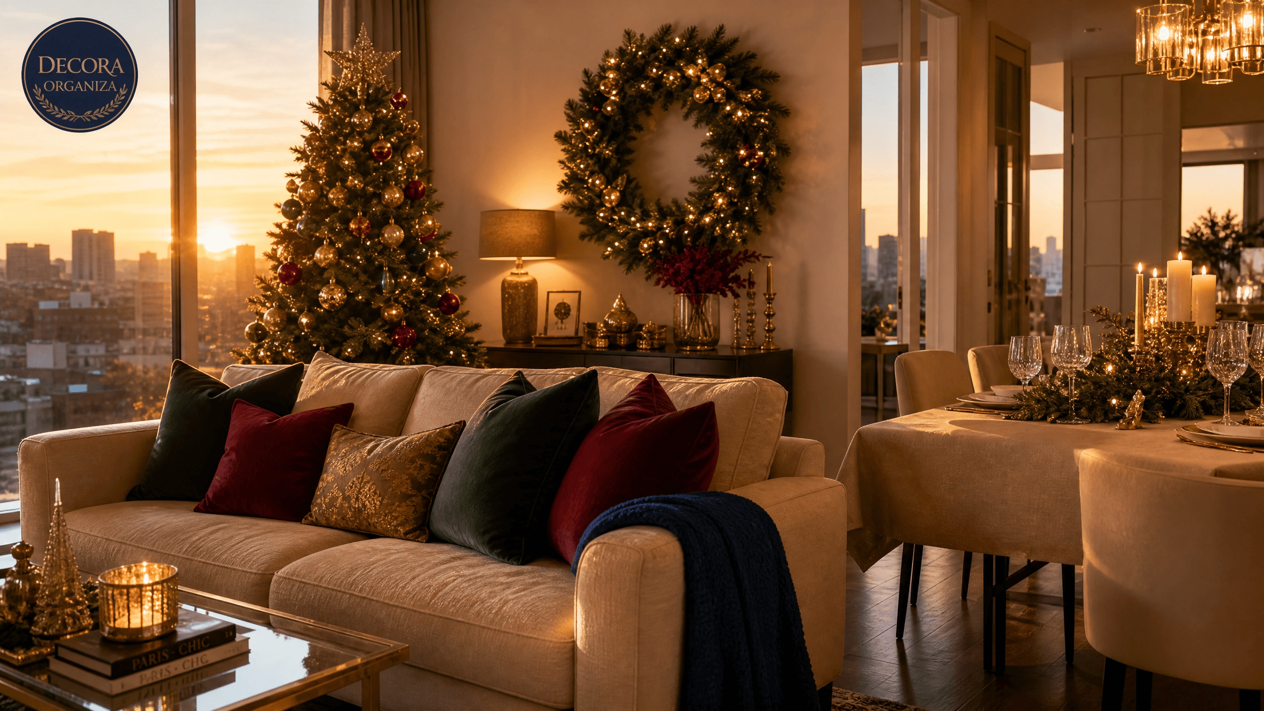 Sala de estar e mesa de jantar decoradas para o Natal em apartamento pequeno