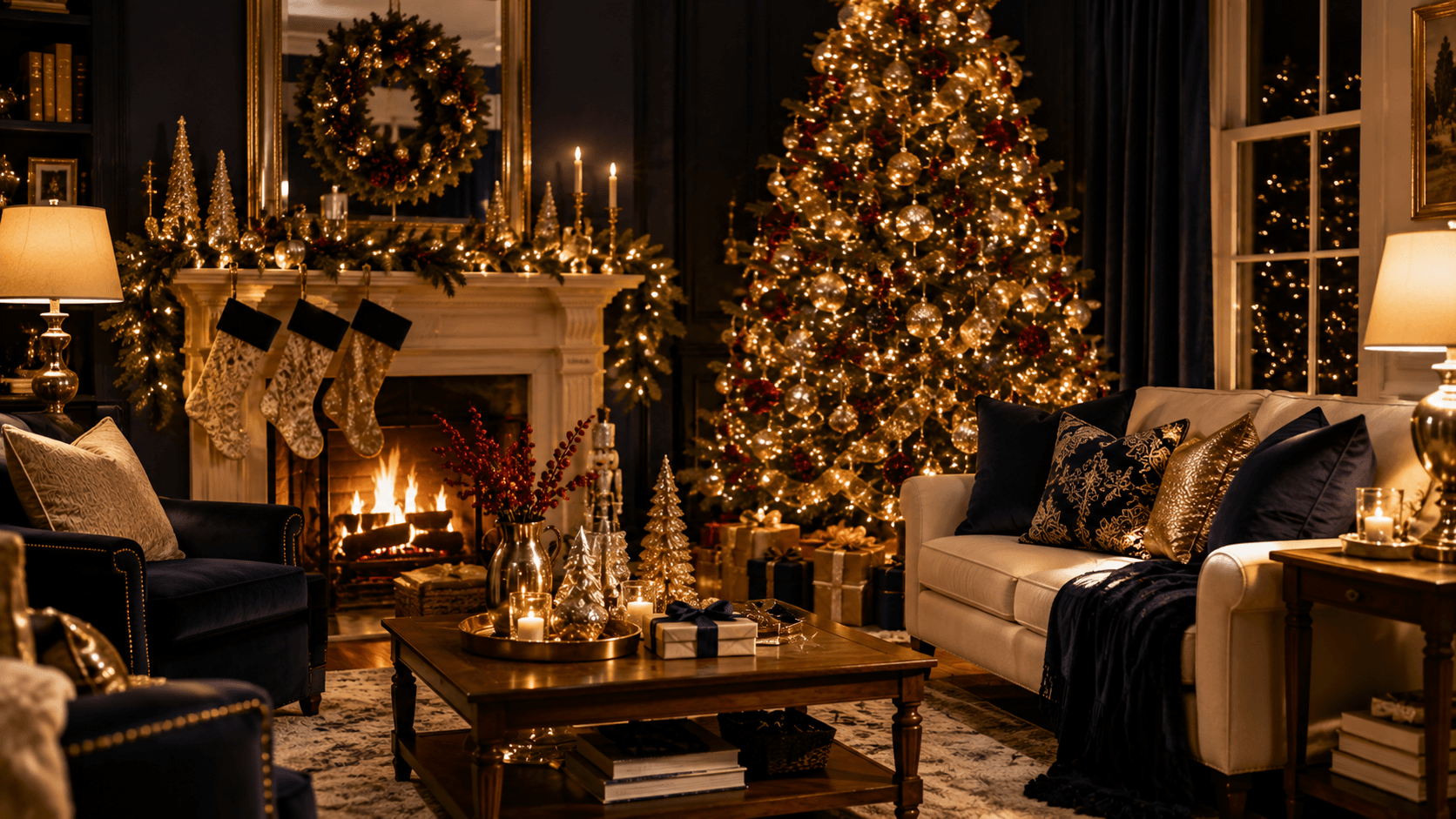 Sala decorada com árvore de Natal completa em ambiente aconchegante
