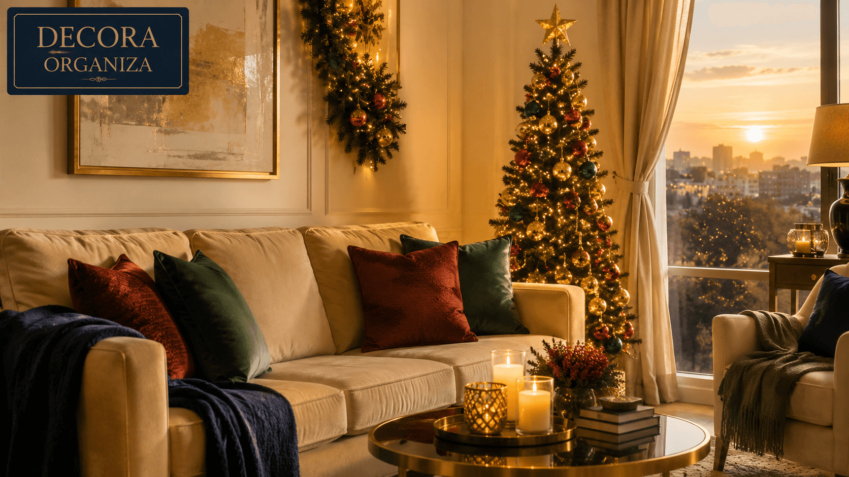 Sofá champagne com almofadas verdes e vermelhas ao lado da árvore de Natal
