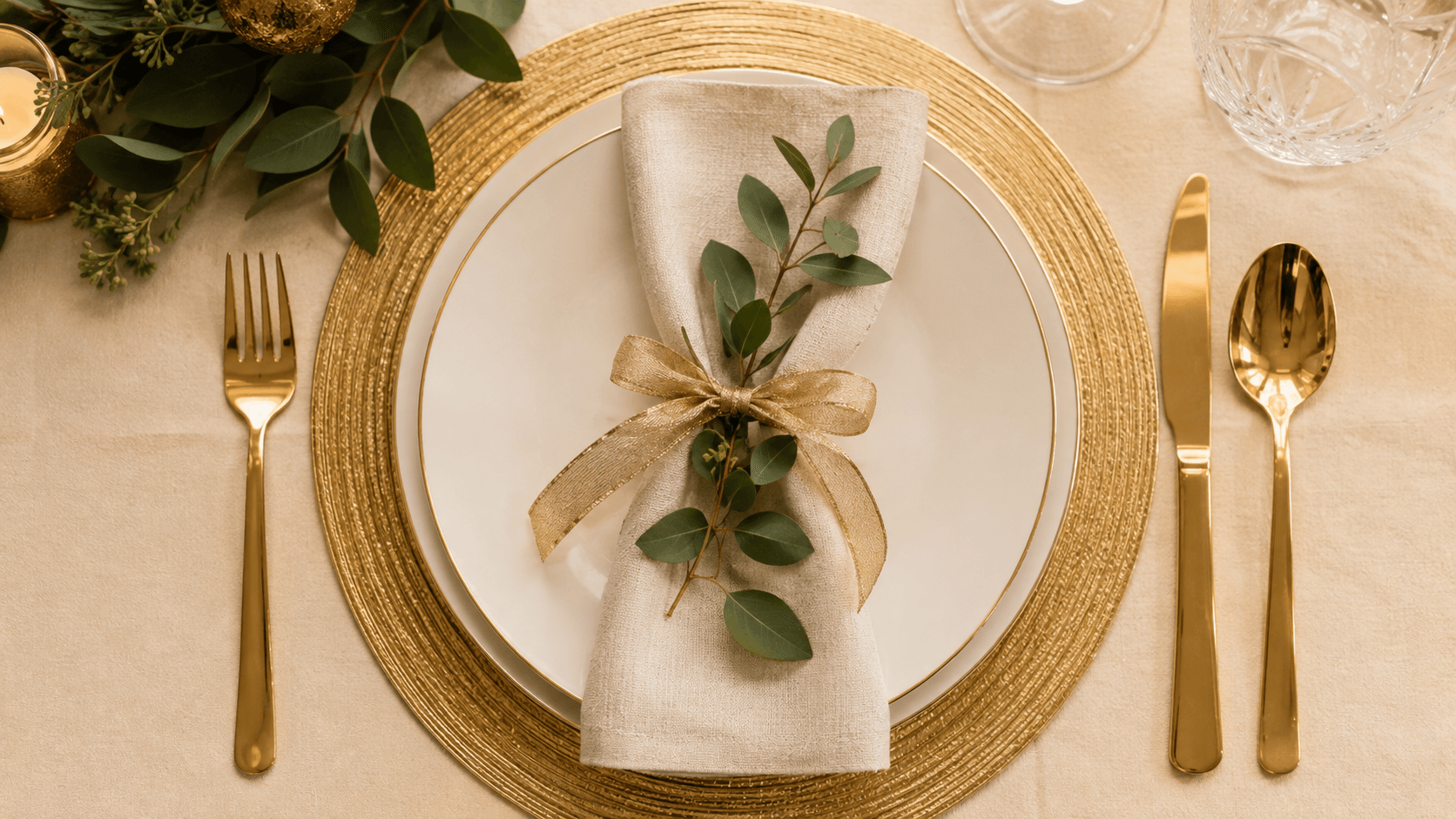Sousplat dourado com talheres para mesa de Natal