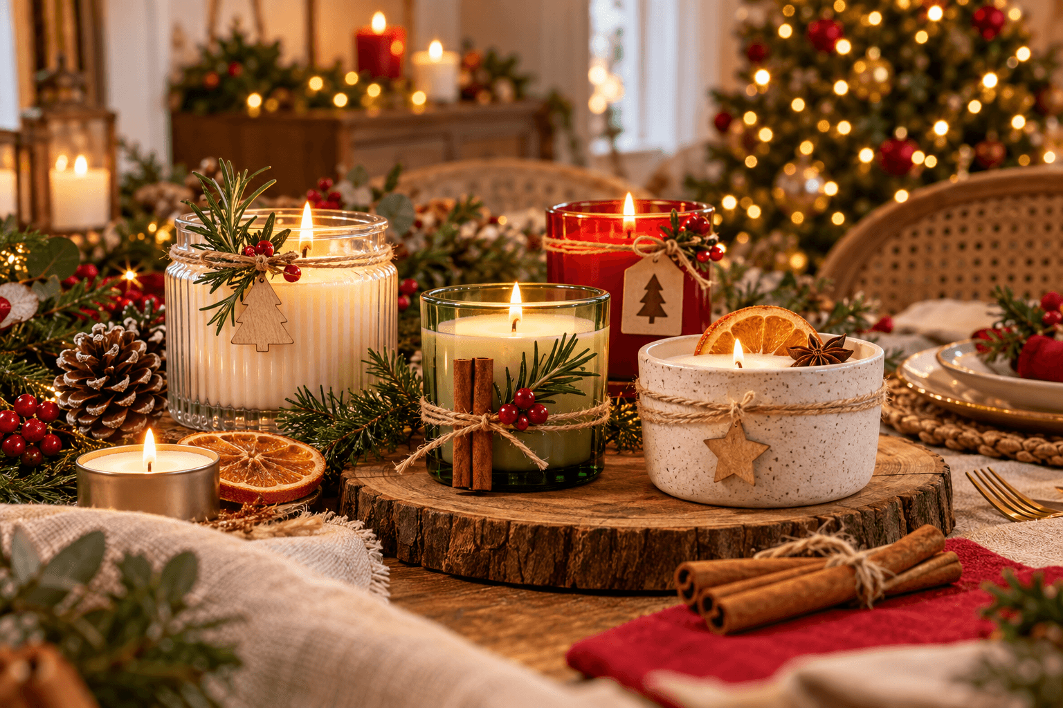 Velas Artesanais de Natal: Como Fazer, Decorar e Usar na Ceia Velas artesanais de Natal decorando uma mesa com elementos naturais e luzes natalinas