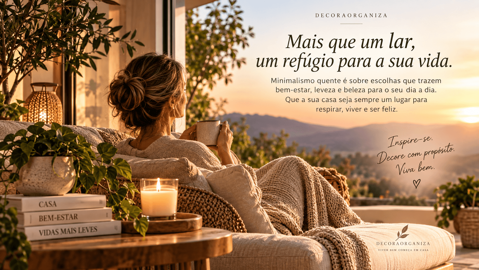 Minimalismo Quente na Decoração: Como Criar uma Casa Aconchegante com Menos Coisas Mulher relaxando em ambiente acolhedor durante o pôr do sol