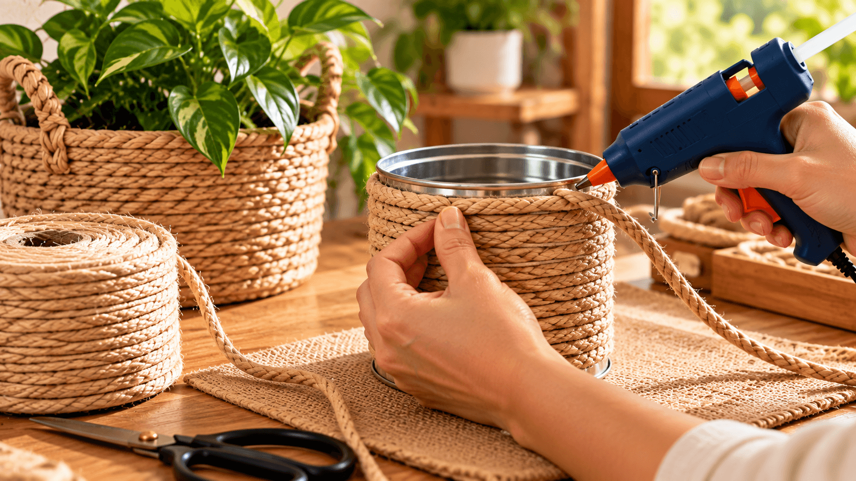 Cestos DIY: ideias criativas para organizar e decorar a casa Mãos aplicando corda de sisal com cola quente no recipiente