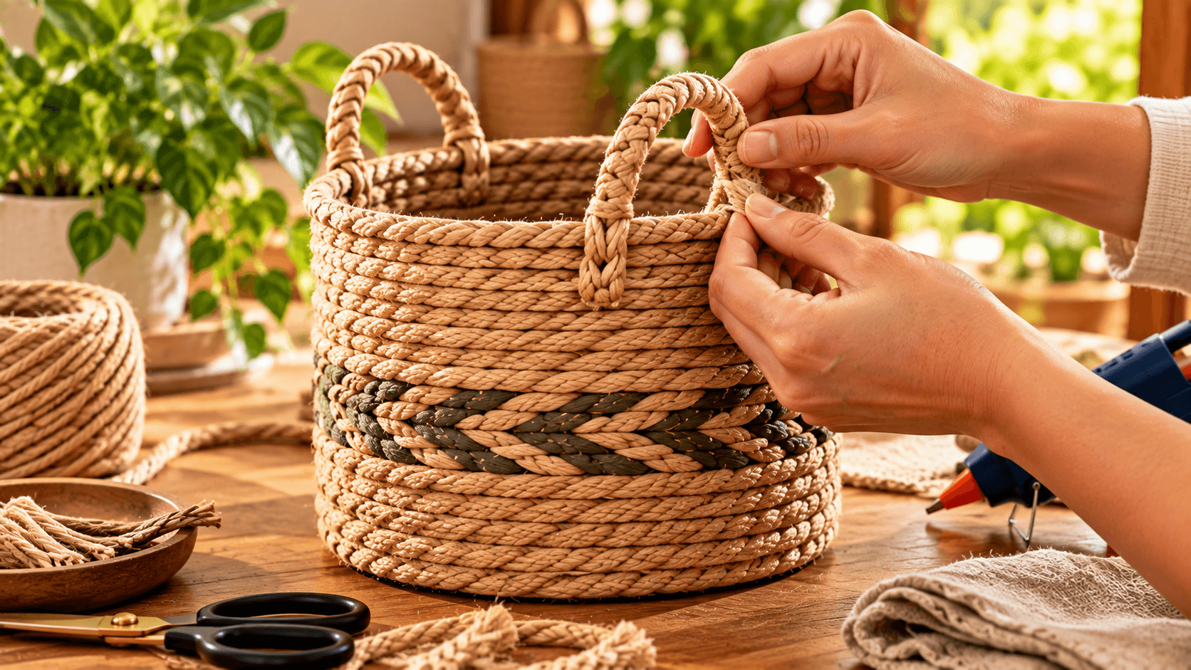 Cestos DIY: ideias criativas para organizar e decorar a casa Acabamento artesanal de cesto de sisal com alças