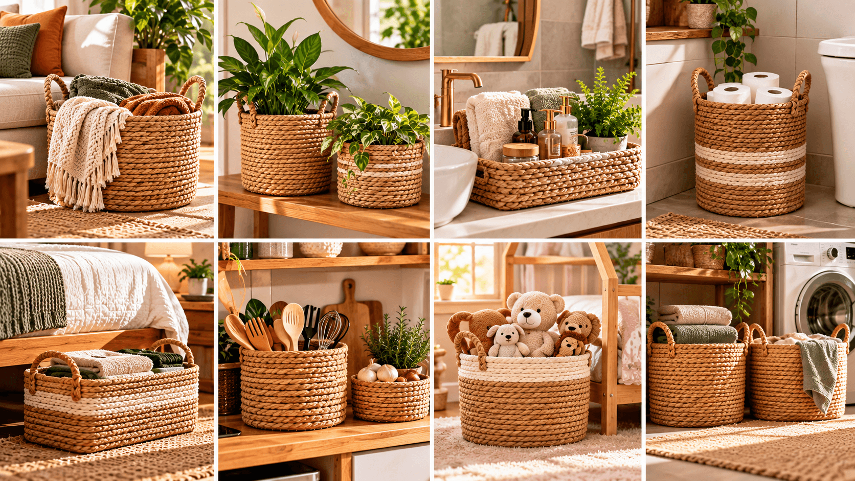Cestos DIY: ideias criativas para organizar e decorar a casa Cestos artesanais usados em diferentes ambientes da casa