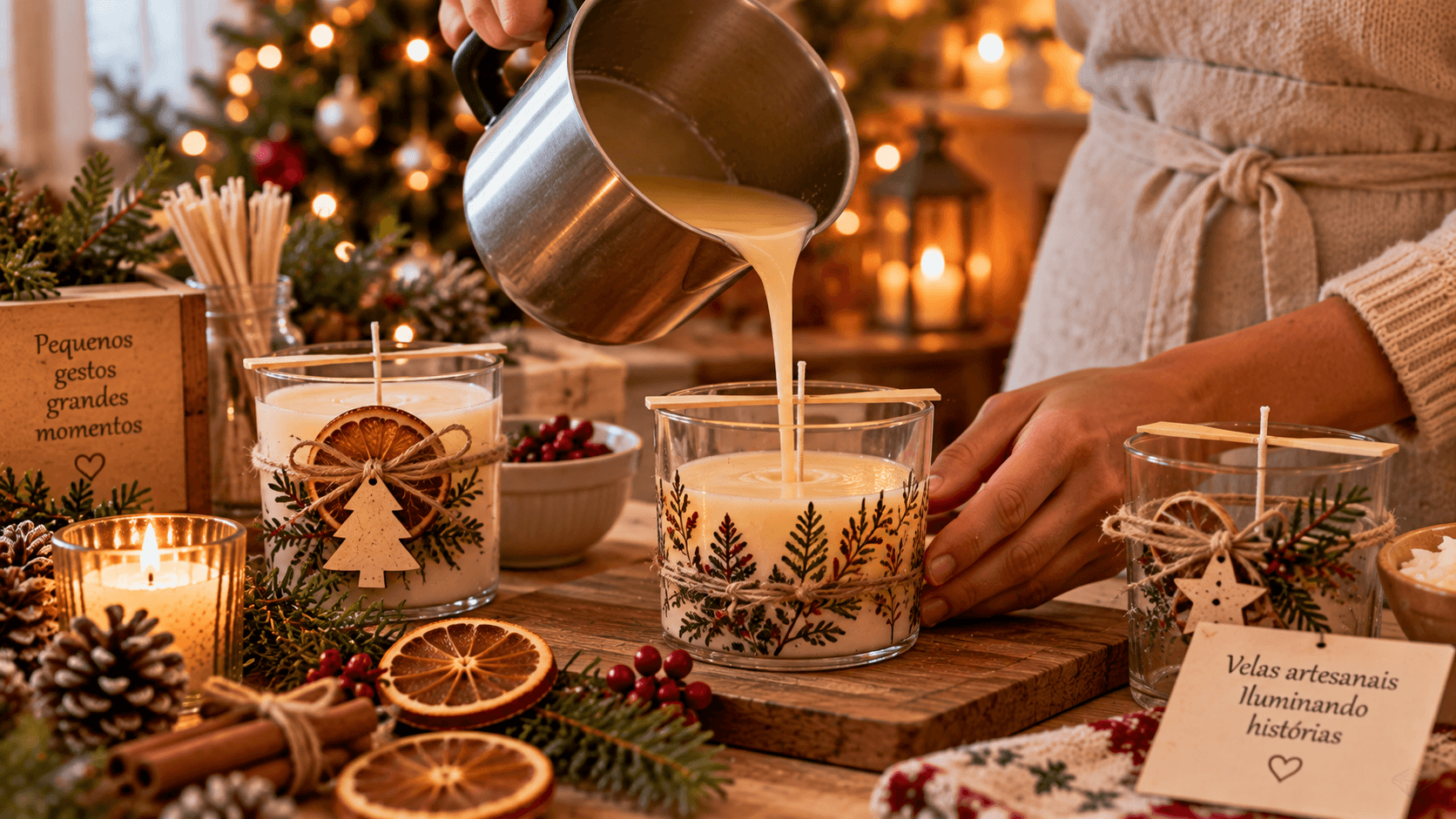 Velas Artesanais de Natal: Como Fazer, Decorar e Usar na Ceia Cera derretida sendo despejada em recipiente para fazer vela artesanal de Natal