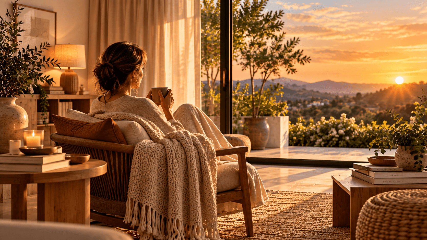 Minimalismo Quente na Decoração: Como Criar uma Casa Aconchegante com Menos Coisas Mulher relaxando em uma poltrona aconchegante em uma casa minimalista