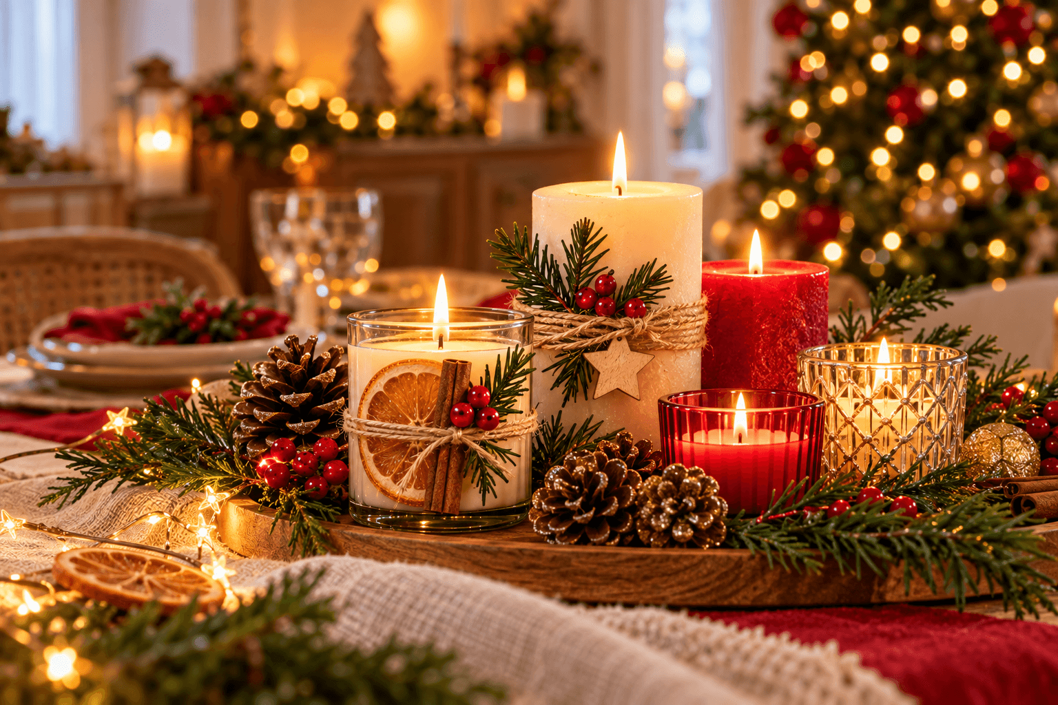 Velas Artesanais de Natal: Como Fazer, Decorar e Usar na Ceia Composição de velas artesanais criando uma atmosfera acolhedora de Natal