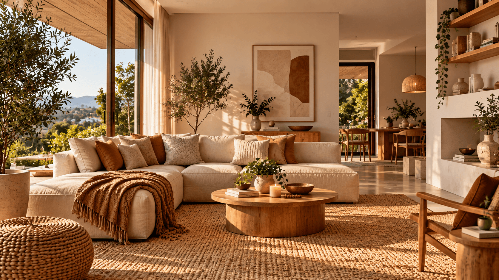 Minimalismo Quente na Decoração: Como Criar uma Casa Aconchegante com Menos Coisas Sala contemporânea com decoração minimalista quente, madeira, fibras naturais e plantas