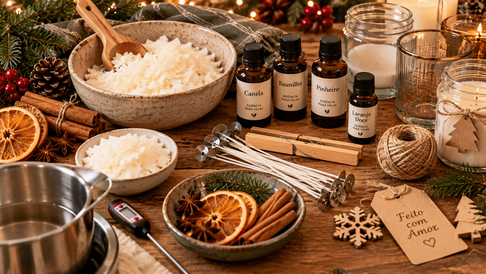 Velas Artesanais de Natal: Como Fazer, Decorar e Usar na Ceia Materiais para fazer velas artesanais de Natal sobre uma bancada