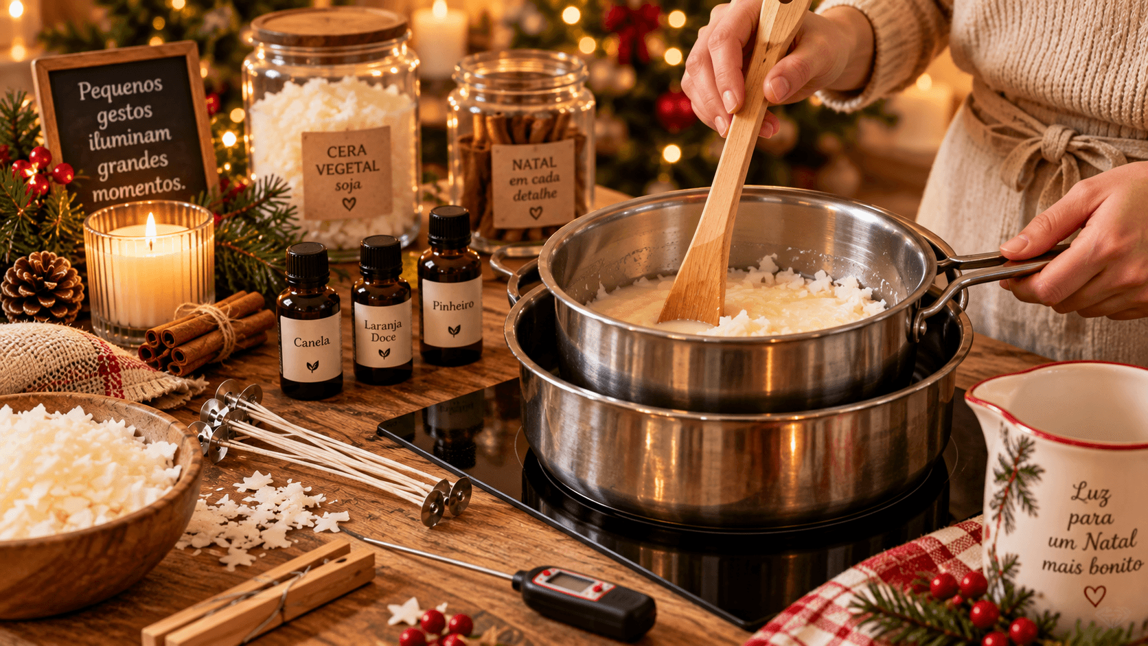 Velas Artesanais de Natal: Como Fazer, Decorar e Usar na Ceia Cera sendo derretida em banho-maria para produção de vela artesanal