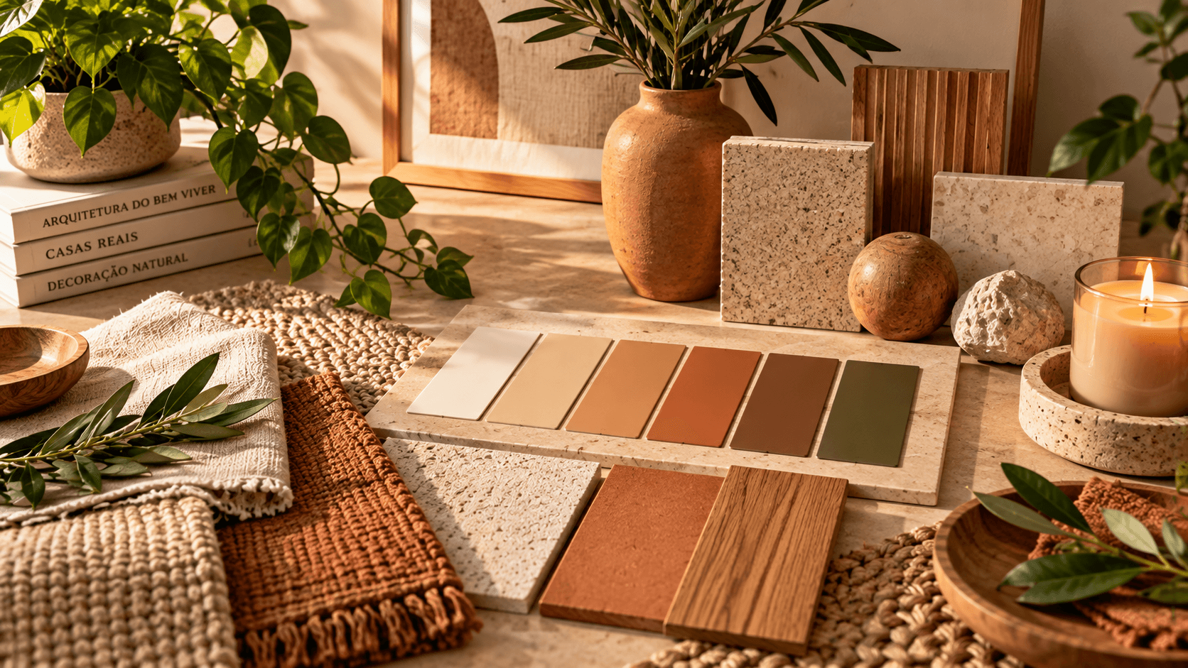 Minimalismo Quente na Decoração: Como Criar uma Casa Aconchegante com Menos Coisas Paleta de cores e materiais naturais para decoração em estilo minimalismo quente
