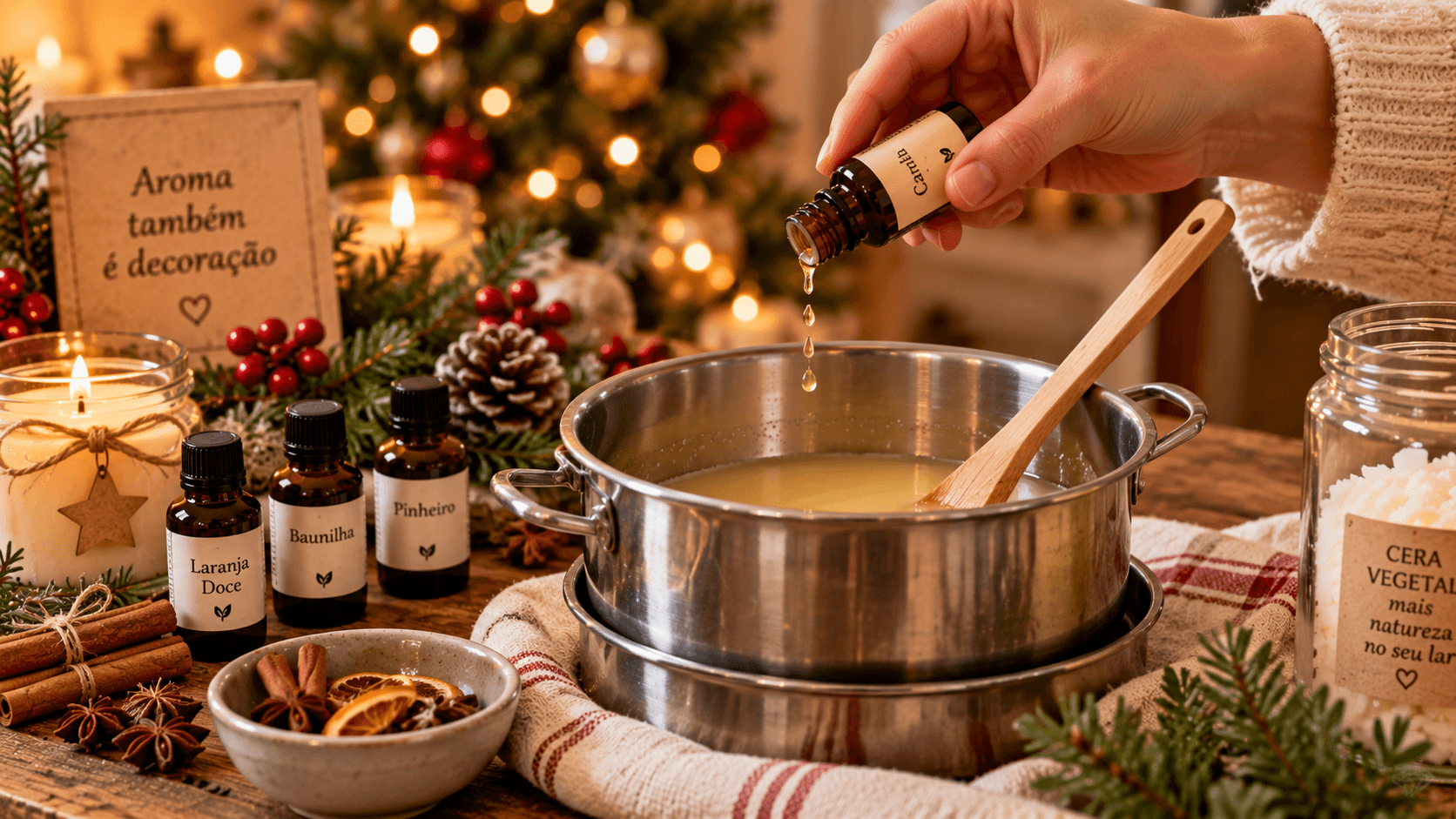 Velas Artesanais de Natal: Como Fazer, Decorar e Usar na Ceia Essência sendo adicionada à cera derretida para fazer vela artesanal