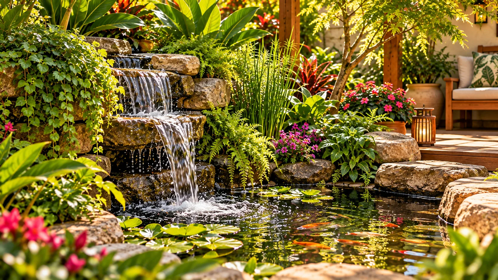 Jardim Sensorial em Casa: Como Criar um Espaço de Bem-Estar Pequena fonte de água em jardim sensorial com plantas e peixes
