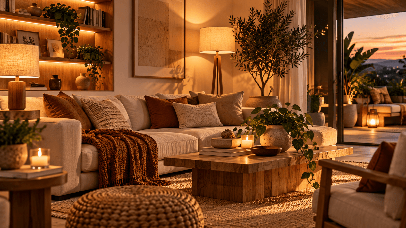 Minimalismo Quente na Decoração: Como Criar uma Casa Aconchegante com Menos Coisas Sala aconchegante à noite com iluminação indireta, abajures e velas