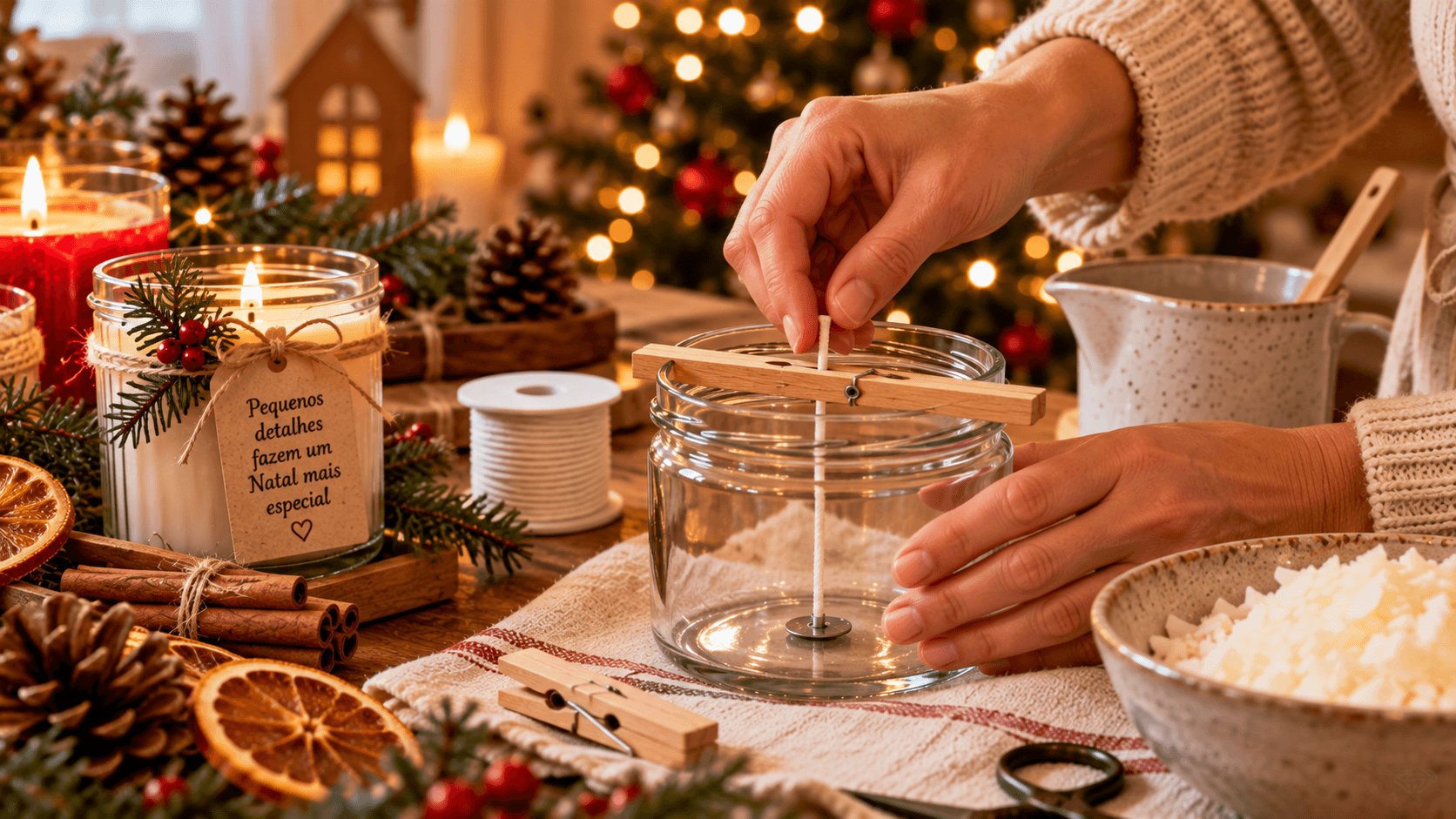 Velas Artesanais de Natal: Como Fazer, Decorar e Usar na Ceia Pavio sendo centralizado em recipiente para vela artesanal de Natal