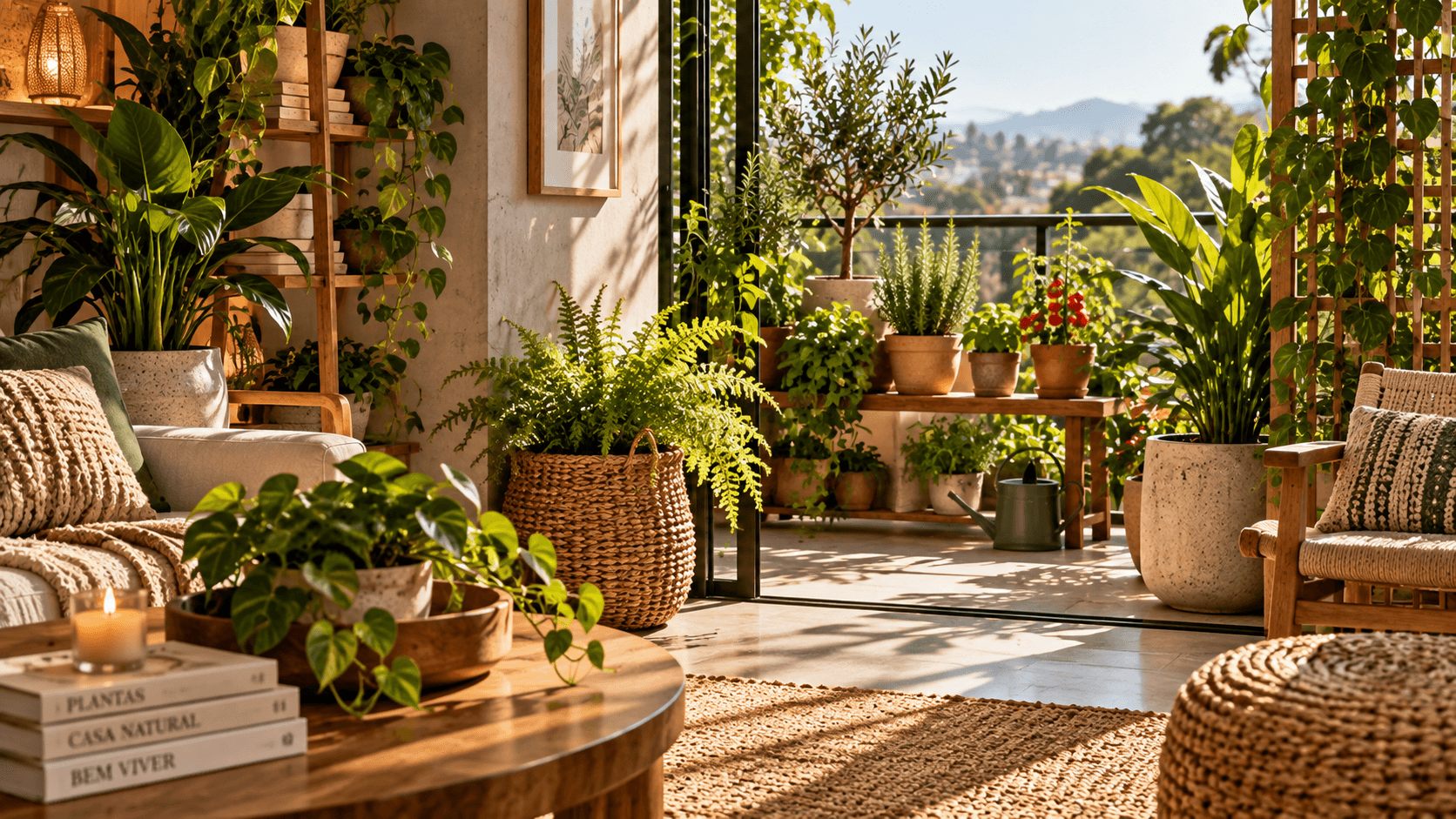 Minimalismo Quente na Decoração: Como Criar uma Casa Aconchegante com Menos Coisas Plantas em vasos de cerâmica e fibras naturais em ambiente acolhedor