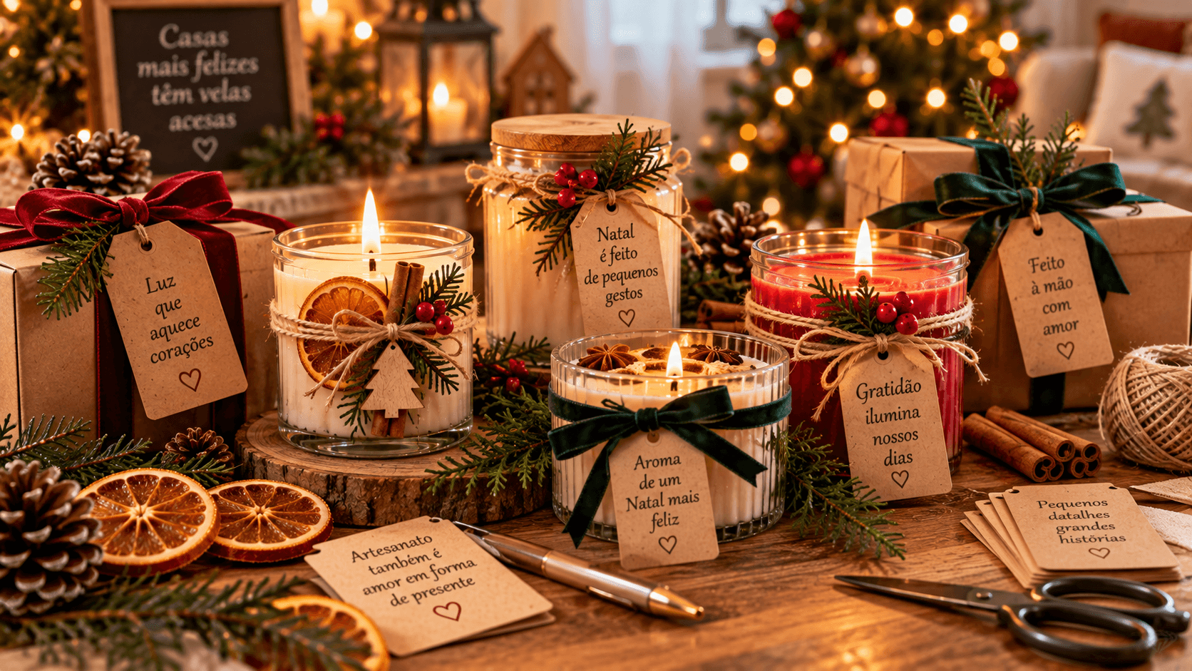 Velas Artesanais de Natal: Como Fazer, Decorar e Usar na Ceia Velas artesanais de Natal prontas em diferentes recipientes decorativos
