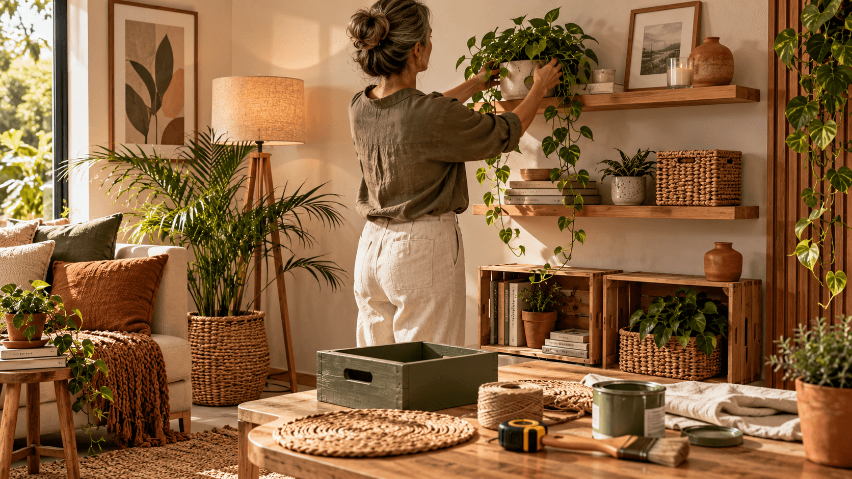 Minimalismo Quente na Decoração: Como Criar uma Casa Aconchegante com Menos Coisas Mulher organizando plantas e objetos em prateleiras de madeira em uma casa aconchegante