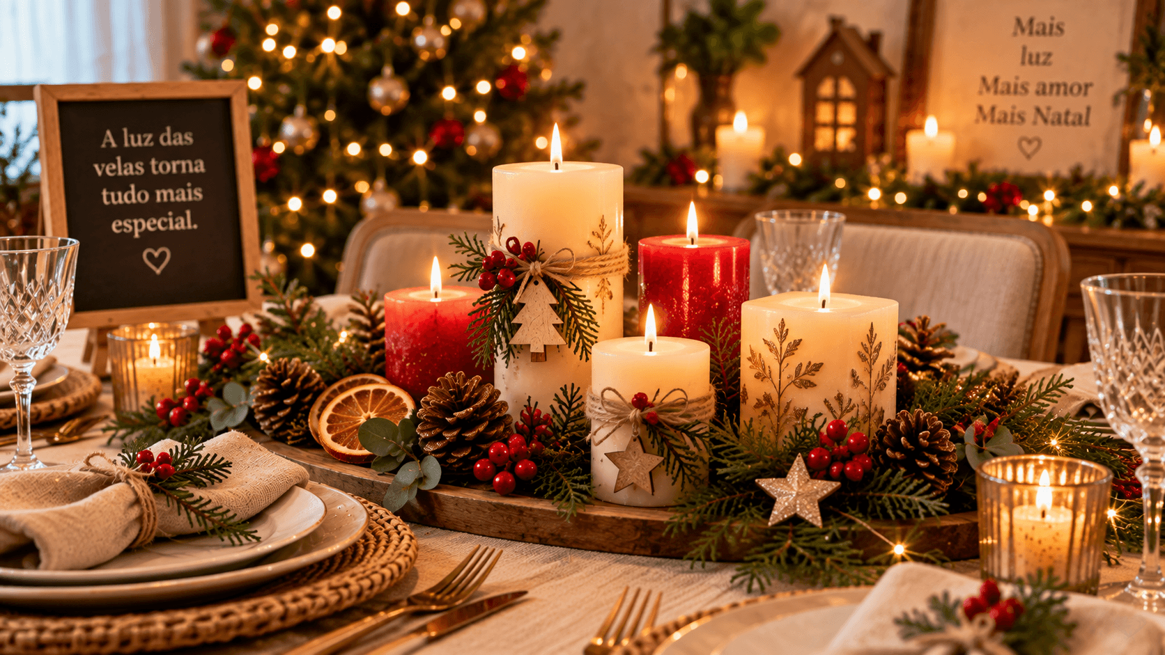 Velas Artesanais de Natal: Como Fazer, Decorar e Usar na Ceia Centro de mesa de Natal decorado com velas artesanais