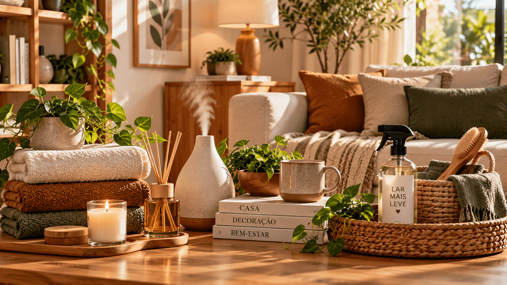 Minimalismo Quente na Decoração: Como Criar uma Casa Aconchegante com Menos Coisas Composição de objetos decorativos naturais em sala de estilo escandinavo e boho