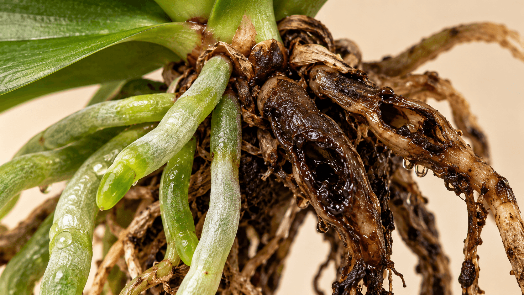 Como Salvar Orquídea com Raiz Podre ou Seca: Guia Completo de Recuperação Passo a Passo Raiz de orquídea apodrecida em close-up comparada a uma raiz saudável