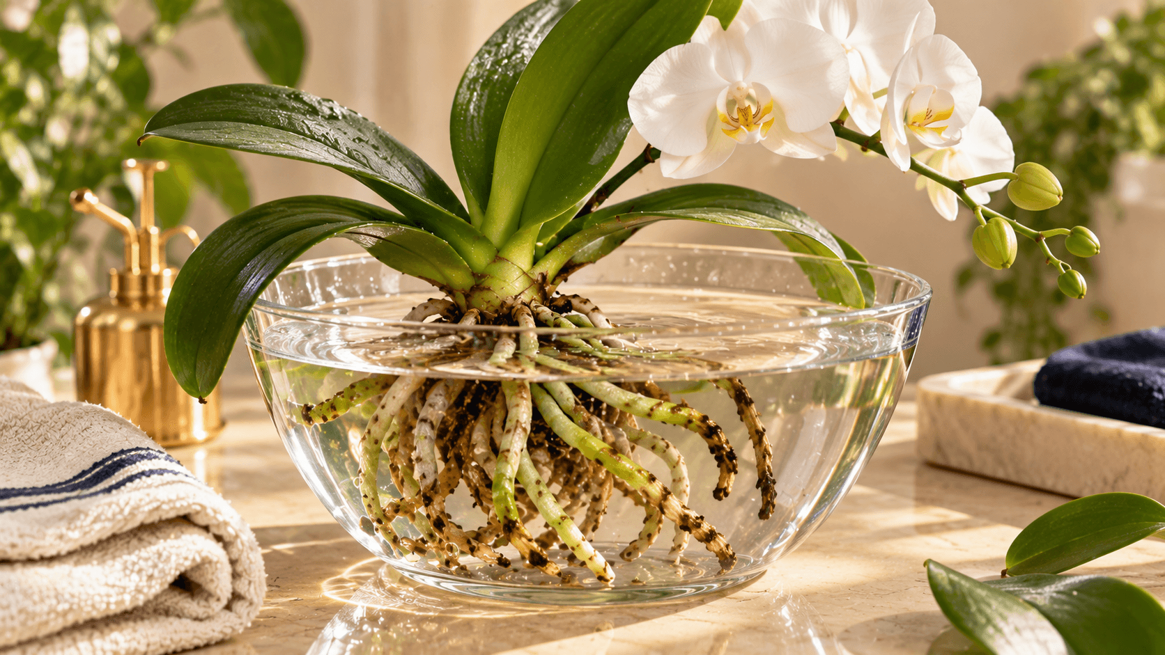Como Salvar Orquídea com Raiz Podre ou Seca: Guia Completo de Recuperação Passo a Passo Orquídea com raízes submersas em tigela de vidro para banho de imersão