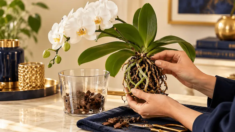 Como Salvar Orquídea com Raiz Podre ou Seca: Guia Completo de Recuperação Passo a Passo Orquídea com raiz podre e raiz seca sendo recuperada em vaso transparente