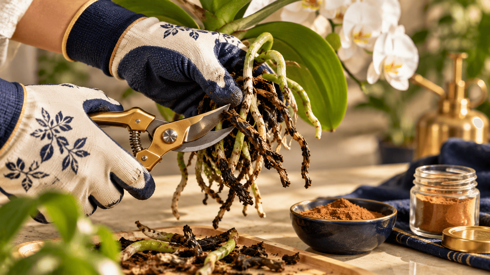 Como Salvar Orquídea com Raiz Podre ou Seca: Guia Completo de Recuperação Passo a Passo Mãos cortando raiz de orquídea com tesoura de poda e aplicando canela em pó