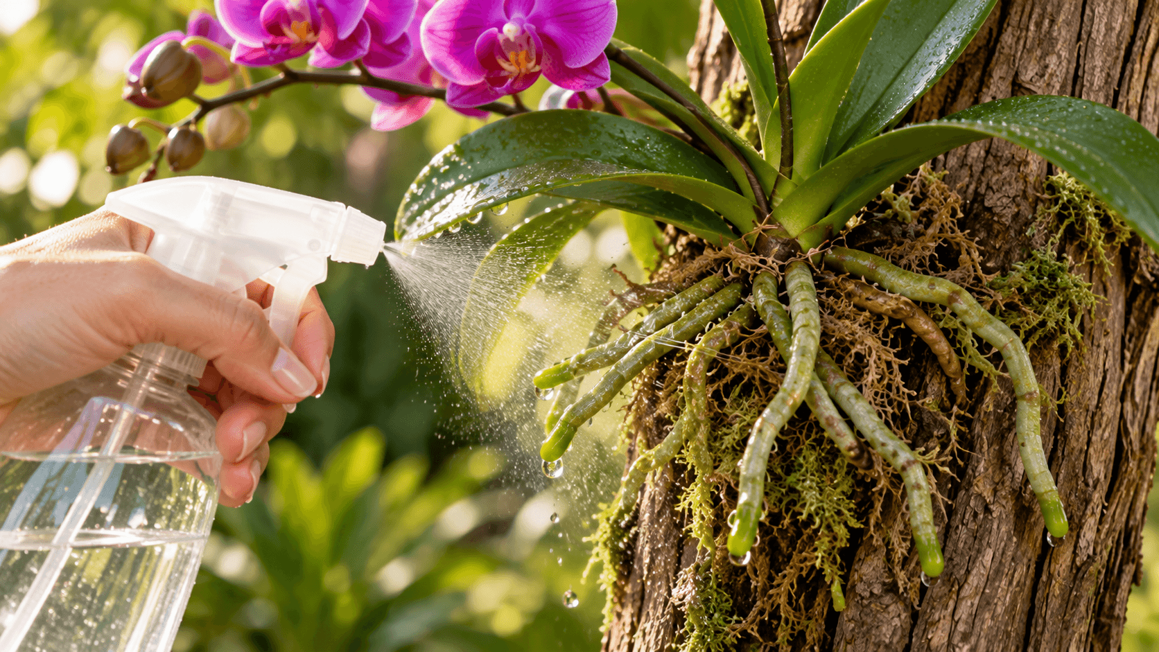 Como Plantar Orquídea em Tronco de Árvore ou Madeira Seca: Guia Completo e Acolhedor Mão borrifando água nas raízes aéreas de uma orquídea presa em tronco