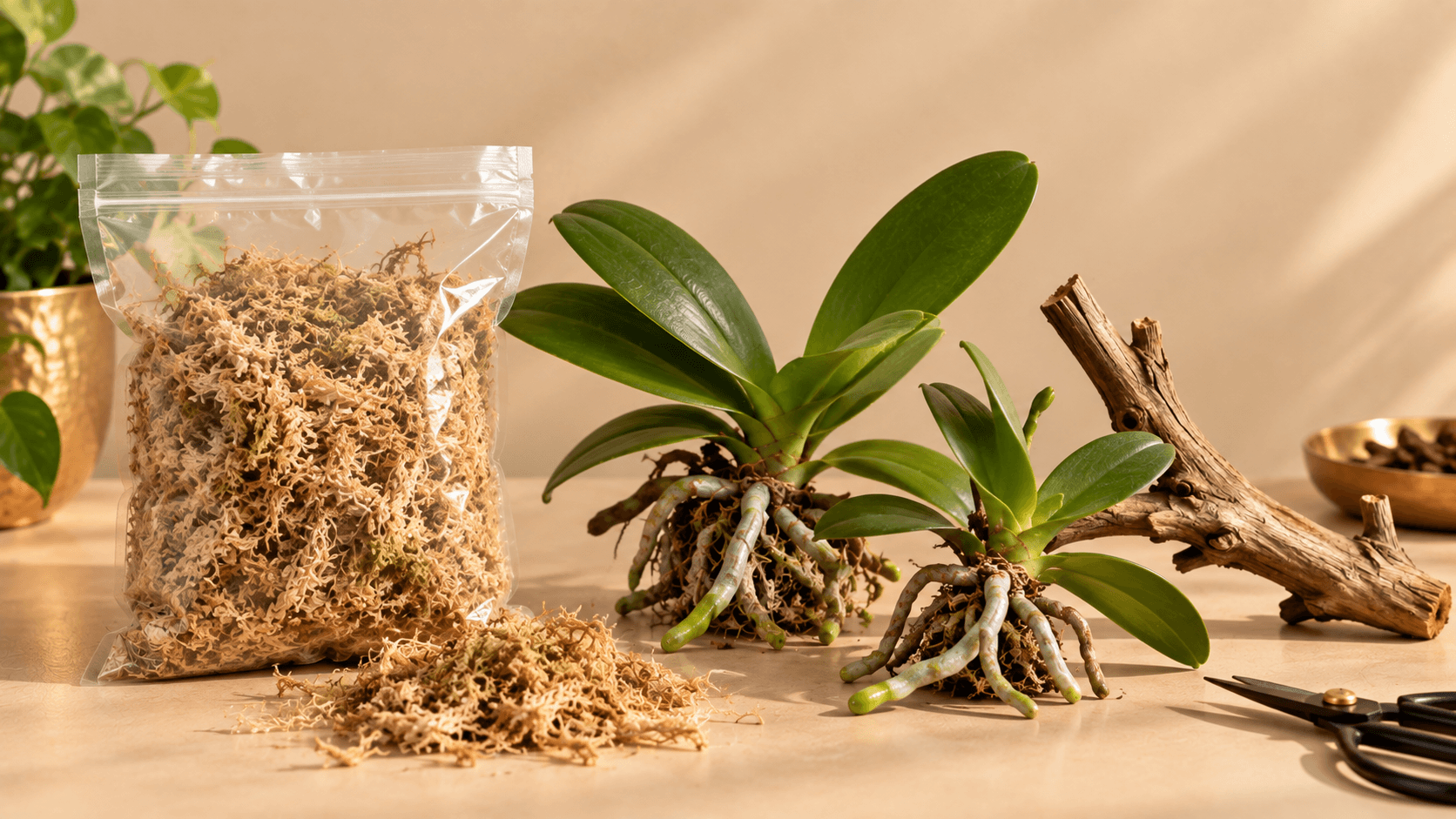 Como Plantar Orquídea em Tronco de Árvore ou Madeira Seca: Guia Completo e Acolhedor Musgo esfagno usado para reter umidade nas raízes de orquídeas montadas em tronco