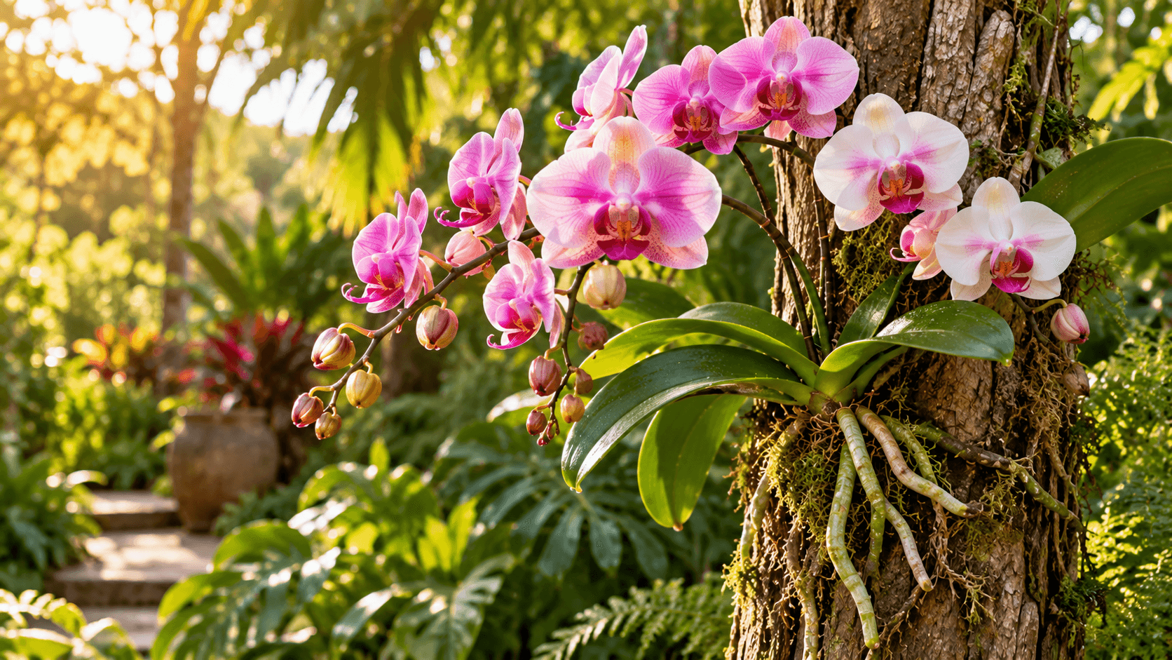 Como Plantar Orquídea em Tronco de Árvore ou Madeira Seca: Guia Completo e Acolhedor Orquídea totalmente florida presa em tronco de árvore, destacando o resultado final da montagem