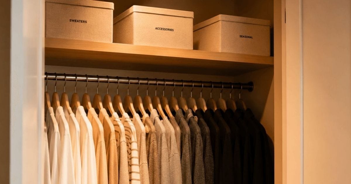 Guarda-Roupa Pequeno Sempre Bagunçado? 10 Truques que Mudam Tudo Guarda-roupa pequeno organizado com cabides de veludo e cestos decorativos