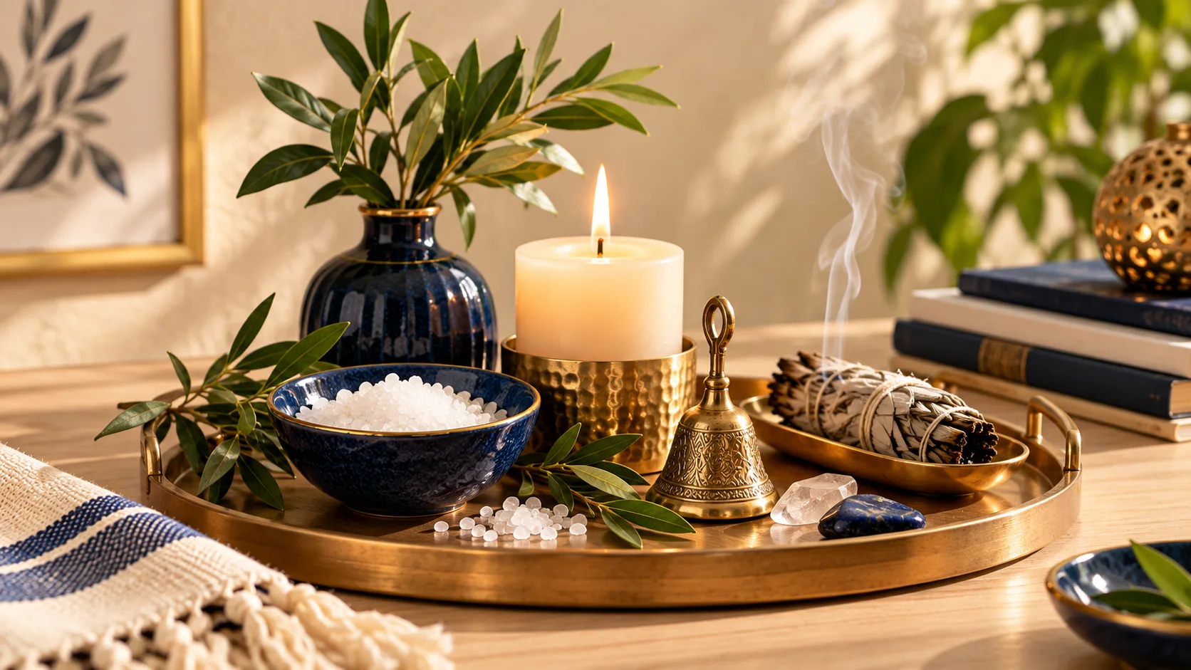 Itens organizados para ritual de limpeza energética: sal grosso, sino e vela