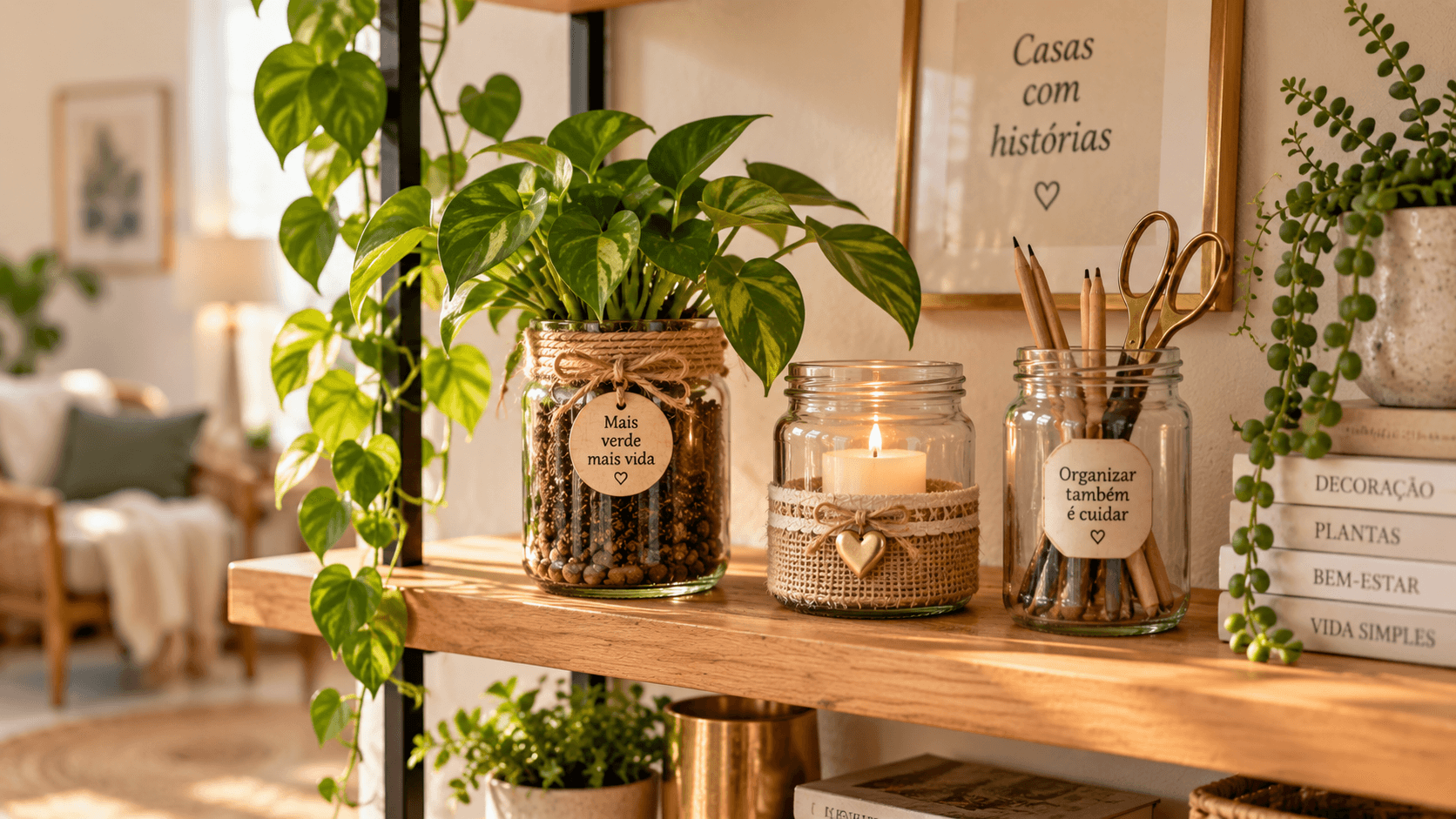 Reaproveitamento de Potes de Vidro: Ideias Para Decorar Gastando Pouco prateleira de madeira com potes de vidro reaproveitados como vasos e organizadores